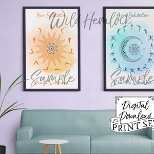 Yoga Sun Salutation & Moon Salutation Celestial NEW Yoga Art Yoga Studio Decor Print Yoga Pose Surya + Chandra Namaskar Sequence Poster