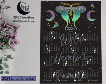 Luna Moth Cottagecore Decor Lunar Calendar 2024 Celestial Crescent Moon Phases Calendar 2024