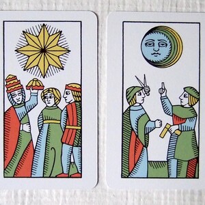 Great Parade tarot, greener edition, Star and Moon cards.