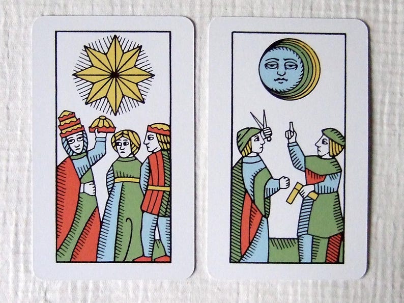 Great Parade tarot, greener edition, Star and Moon cards.
