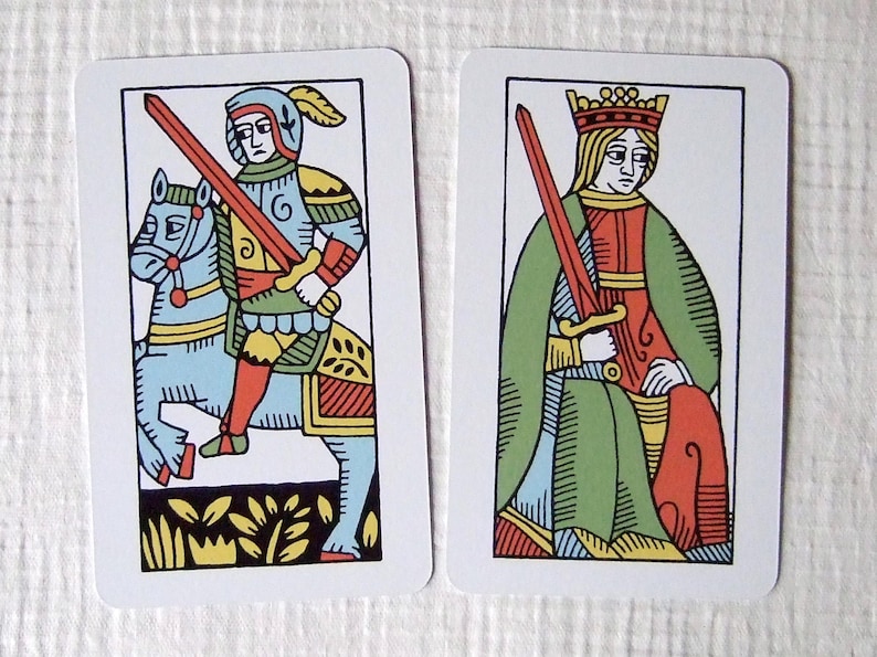 Great Parade tarot, greener edition, knight and queen of swords.