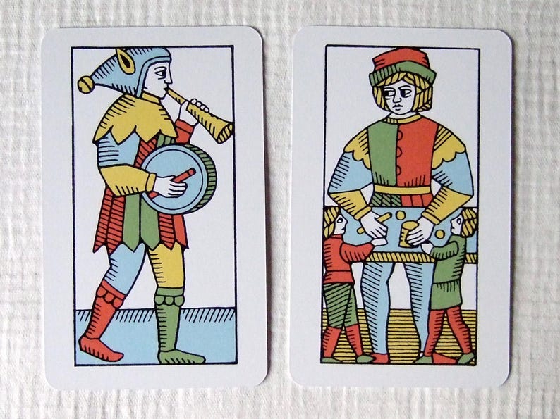 Great Parade tarot, greener edition, Fool and Trickster cards.