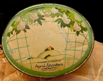 Vintage Powder Tin April Showers Paris New York Green & Cream with Lilacs Poudre De Toilette