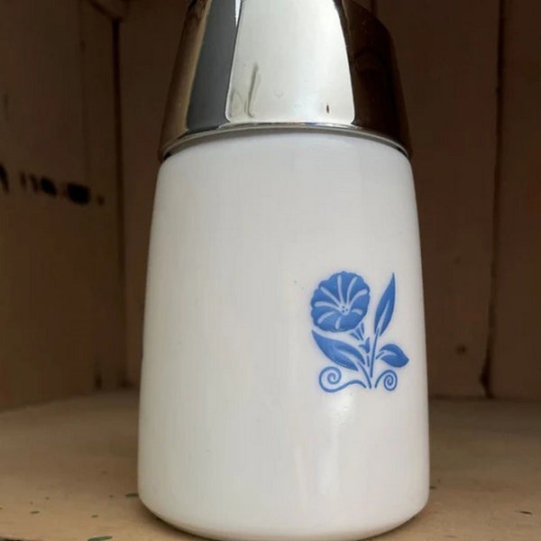 Milk Glass Sugar Dispenser Blue Morning Glory Pattern MCM Retro Kitchen Vintage Dispensers Inc. Santa Barbara, Calif.