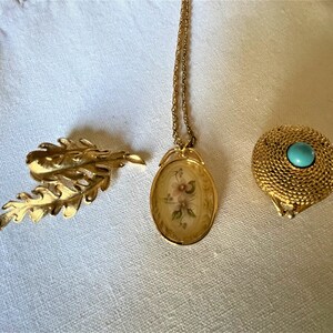 Vintage Jewelry Lot Lisner, Estee Lauder, Solid Perfume Necklace, 1970's Floral Locket on Chain