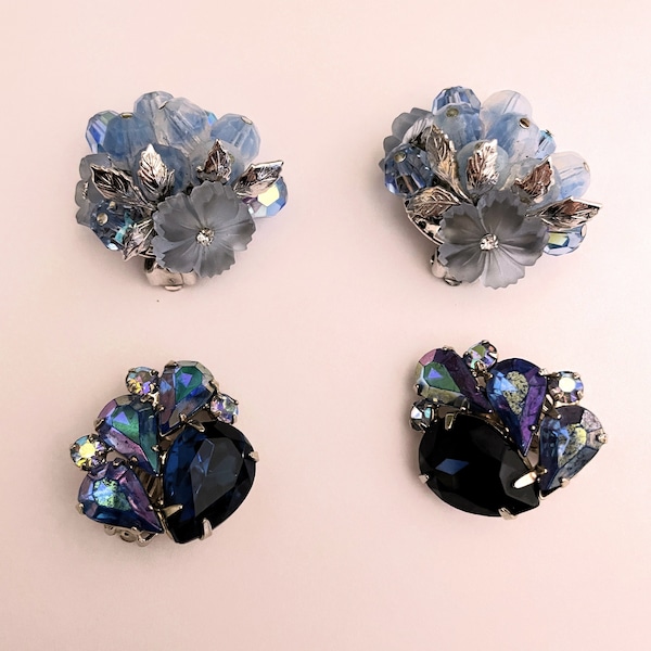 Vintage Earrings Coro & Garne Clip-ons Beautiful Blues Lot of 2 Pairs Sparkling Beauties 1950's-60's