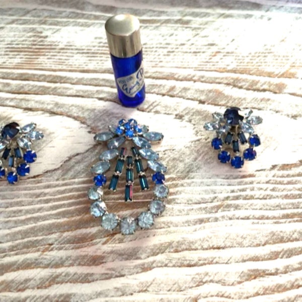 Vintage Blue Rhinestone Jewelry Evening in Paris Perfume Bottle Lot Brooch Earrings