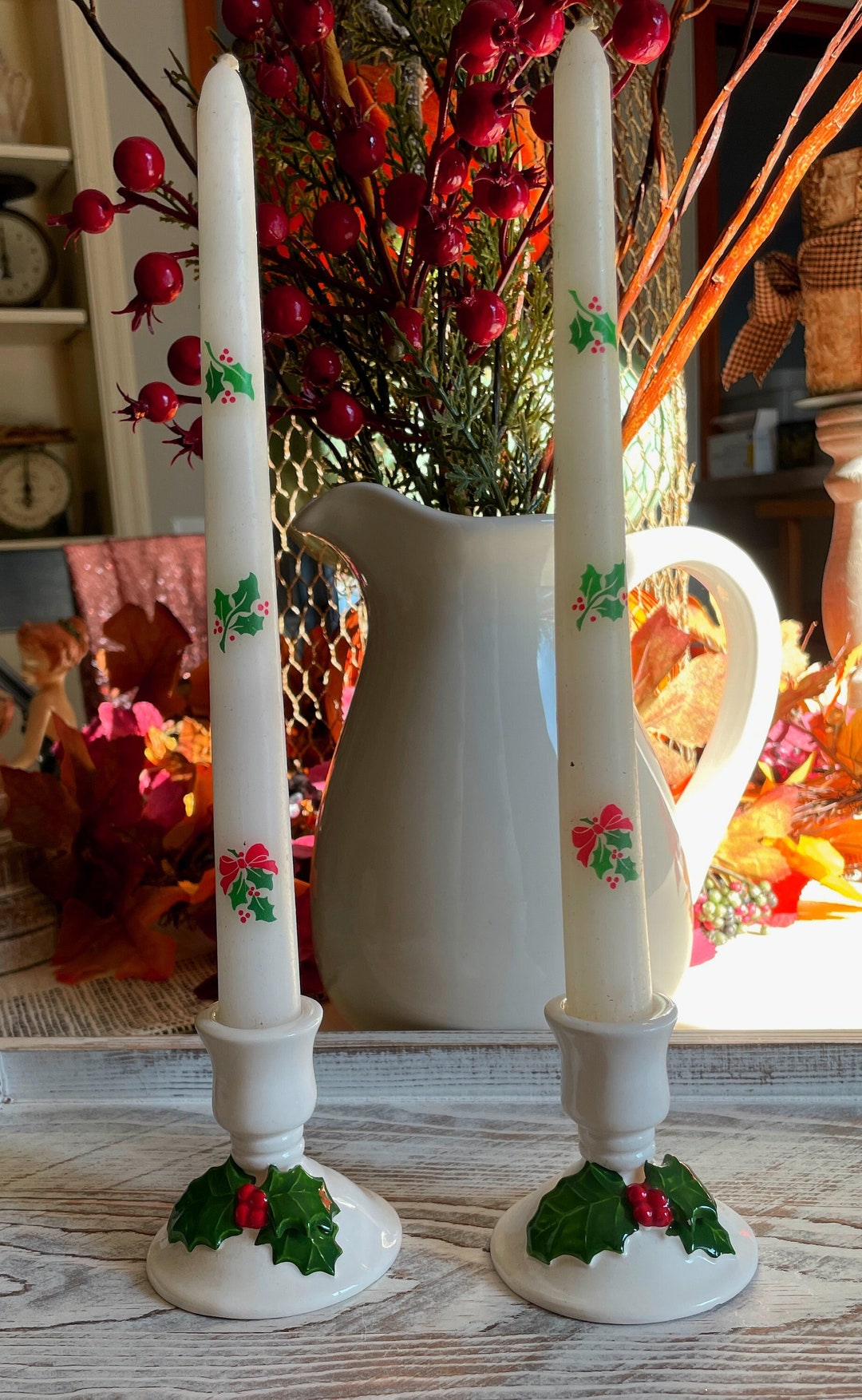 Vintage Christmas Holly Lillian Vernon Candlestick Holders With Candles