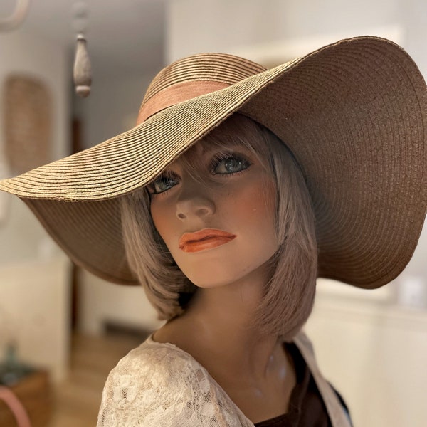 Vintage Ladies Picture Hat Large Straw Summer Hat Hollywood Glam Floppy Hat Fashion Hat Kentucky Derby Hat Coffee Colored