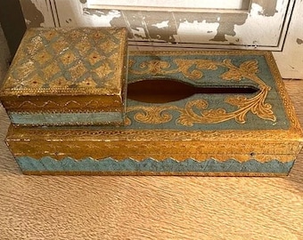 Italian Florentine Aqua & Gold Gilt Tissue Box Cover + Small Jewelry Box