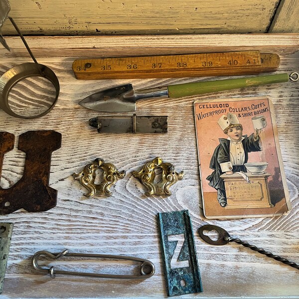 Vintage Industrial Salvage Lot of 12 Pieces ~ Hardware, Metal, Red Oak, Iowa, Garden, Rusty Metal, Crafting, Altered Art Repurposing. FUN!