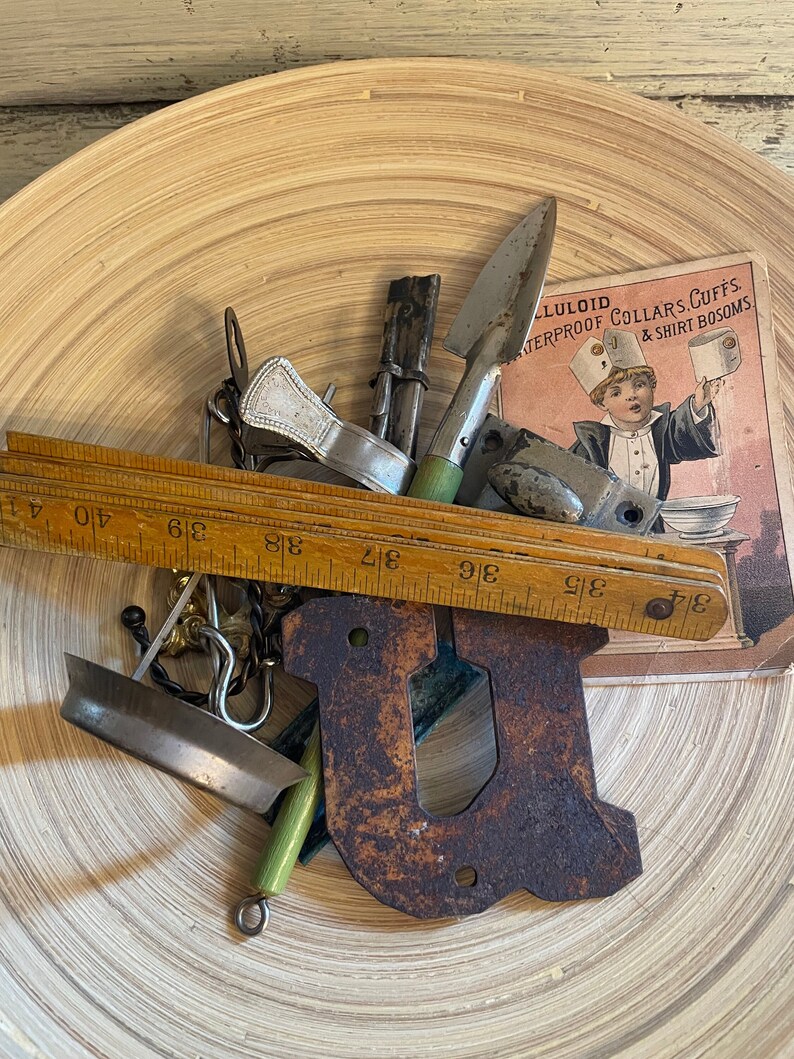 Vintage Industrial Salvage Lot of 12 Pieces Hardware, Metal, Red Oak