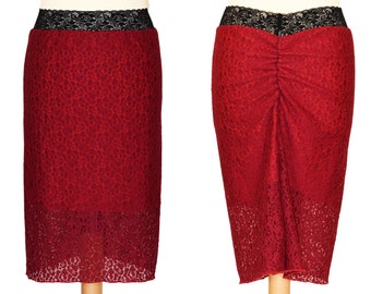 asymmetrical skirt, argentine tango skirt, red lace pencil skirt