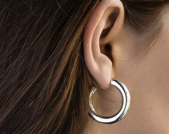 Silver Thick Hoop Earrings (size M) | Handmade Large 1 Inch Hoops