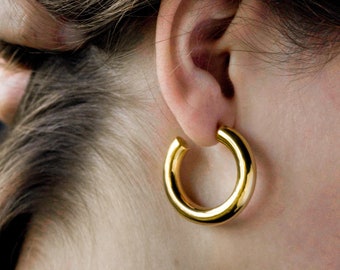 Thick Gold Hoop Earrings (size M) - Handmade Large 1 Inch Hoops