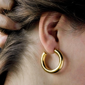 Thick Gold Hoop Earrings (size M) - Handmade Large 1 Inch Hoops