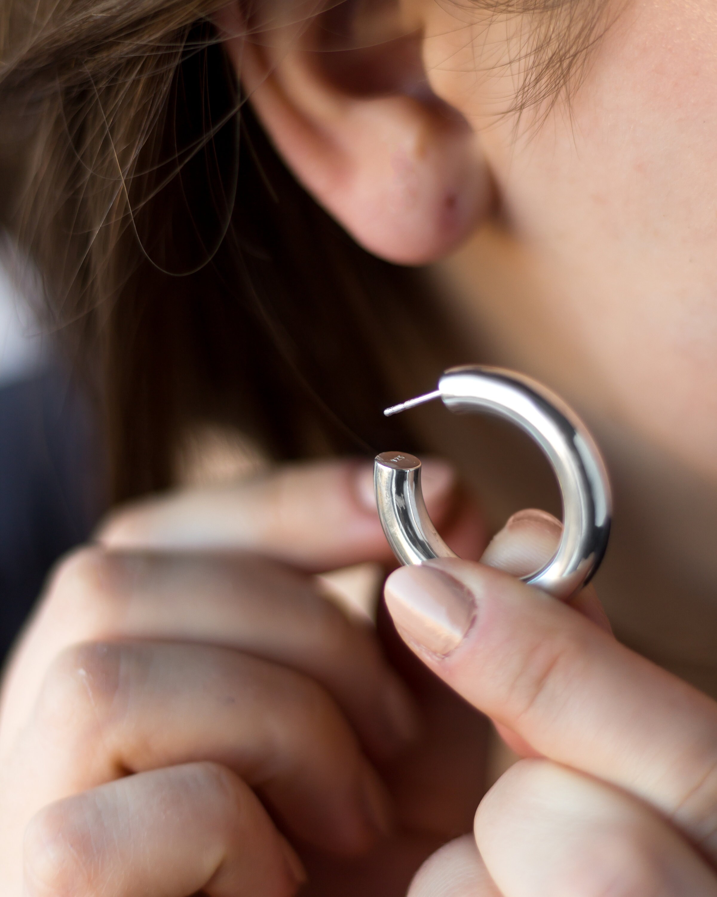 Silver Thick Hoop Earrings (size M) | Handmade Large 1 Inch