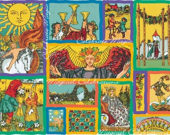 May include: A collage of colorful images with the text "Celebrate Magic" and "Magical Celebrations" repeated throughout. The images depict a sun, a winged angel, a castle, a person riding a horse, and other scenes.