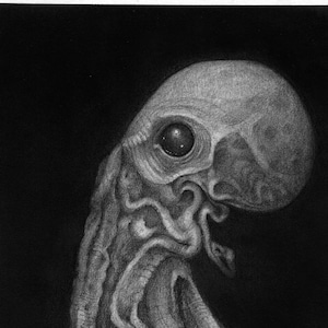 May include: A black and white pencil drawing of a creature with a large head and a long, thin body. The creature has a single large eye and a mouth with sharp teeth.