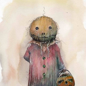 May include: Watercolor painting of a scarecrow-like figure with a stitched-on face, wearing a red coat and holding a pumpkin bucket with dripping blood. The figure has long, thin legs and is standing on a light brown background.