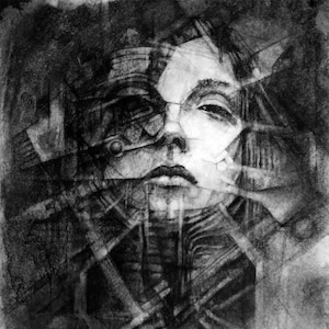 May include: A black and white pencil drawing of a person's face with a geometric pattern overlayed on top. The person's eyes are closed and their mouth is slightly open. The drawing is done in a realistic style.