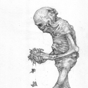 Può includere: Un disegno a matita di una figura umanoide scheletrica con una testa grande e arti lunghi. La figura tiene un gruppo di figure più piccole nella sua mano, che cadono a terra.