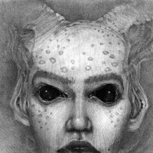 Può includere: Un disegno a matita in bianco e nero di una persona con un viso unico e testurizzato e grandi occhi scuri. La persona ha un collo scheletrico e sembra guardare direttamente lo spettatore.