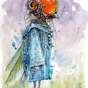 Può includere: Illustrazione ad acquerello di una creatura fantastica con una testa a forma di casco arancione e un cappotto blu. L'opera presenta dettagli intricati, tra cui elementi meccanici e delicate ali, su uno sfondo ad acquerello morbido.