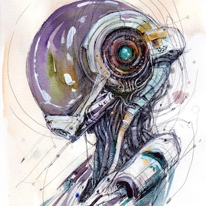 Può includere: Illustrazione ad acquerello di una testa di robot futuristica. Il design presenta una grande testa arrotondata viola con un occhio meccanico dettagliato. L'opera d'arte utilizza una combinazione di linee e lavaggi ad acquerello, creando un'estetica artistica unica.