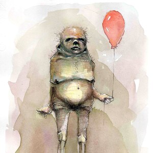 May include: Watercolor illustration of a figure with a wrapped torso and thin legs, holding a red balloon. The figure has a somber expression and is set against a muted, earthy background. The artwork has a surreal, slightly unsettling quality.