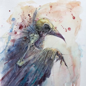 May include: Watercolor painting of a bird-like creature with a long beak and a skeletal appearance. The creature is depicted in a standing pose with its wings spread out. The background is a soft, watercolor wash of pink and orange with red splatters.