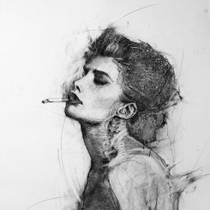 May include: A black and white charcoal drawing of a woman with her eyes closed, smoking a cigarette. The drawing is done in a loose, expressive style, with a lot of shading and texture.