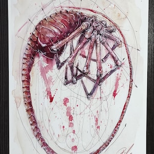 May include: Watercolor illustration of a creature in a fetal position, with a segmented body and skeletal limbs. The artwork features a circular design with lines and arrows, and red ink splatters.