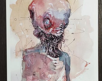 May include: A watercolour illustration of a surreal figure with a large, bulbous head and intricate neck details. The artwork features a palette of reds, blues, and browns, with delicate line work and abstract elements. The figure is depicted from the back.