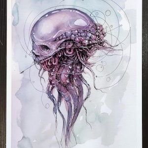 May include: Watercolor illustration of a jellyfish-like creature in shades of purple and pink. The artwork features intricate details, including tentacles and a complex head structure, set against a soft, watercolor background with geometric lines.