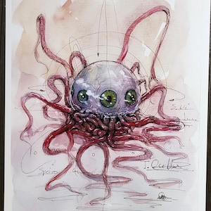 May include: Watercolor illustration of a creature with a large, multi-eyed head and red tentacles. The artwork features a detailed rendering of the creature's anatomy, with a mix of gray, green, and red hues. Includes handwritten text and artist signature.
