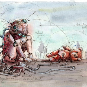 Può includere: Illustrazione ad acquerello di una figura di robot seduta, con la testa tra le mani, collegata da fili a una scatola di controllo. Un orsacchiotto robotico è vicino. L'immagine ha etichette scritte a mano.