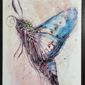 May include: Watercolor illustration of a butterfly with intricate details. The butterfly features blue, purple, and red accents on its wings, with delicate lines and a soft, watercolor background. The artwork is on white paper.