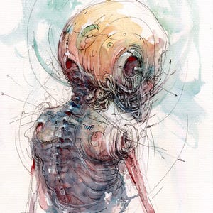 May include: Watercolor painting of a skeletal figure with a large, detailed head. The figure is rendered in shades of gray, red, and blue, with a yellow head. The background is a light blue watercolor wash.