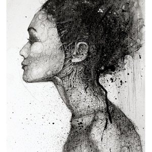 May include: Black and white drawing of a person's face in profile, with a messy bun and a splatter of black paint.