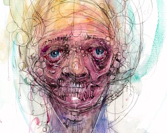 May include: A watercolour painting of a person's face with a skull-like appearance. The face is surrounded by a swirling pattern of lines and circles in shades of blue, green, and yellow. The background is white.