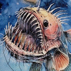 May include: Watercolor painting of a deep sea anglerfish with a bioluminescent lure, large teeth, and a dark blue background.