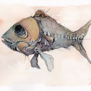 May include: Watercolor painting of a stylized fish with a detailed, intricate design. The fish is depicted in shades of blue, green, and brown, with a skeletal structure visible. The background is a light peach color.