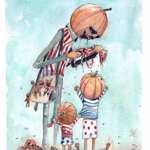 May include: A watercolor painting of a pumpkin-headed figure holding a doll with blood dripping from it. Two other pumpkin-headed figures stand in front of the figure, with a pile of bones and blood at their feet.