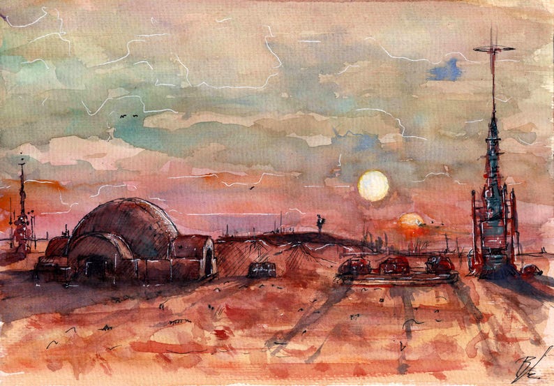 Op de afbeelding: Aquarel schilderij van een woestijnlandschap met een ondergaande zon en twee manen. De sc&egrave;ne omvat koepelvormige structuren, hoge torens en een silhouet op een bergkam. De lucht is een mix van oranje, roze en grijs.