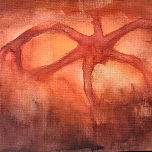 May include: Watercolor painting of a red, star-shaped creature with multiple limbs against a warm, orange and brown background. The artwork has a textured appearance and a dark, ominous atmosphere. Signed in the bottom left corner.