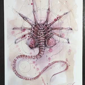 May include: Watercolor illustration of a creature with a segmented body, large eyes, and multiple appendages. The artwork features a combination of brown and pink hues, with geometric lines and splatters adding detail. The overall theme is science fiction or fantasy.