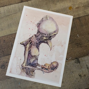 May include: A watercolor illustration of a large, skeletal, bird-like figure holding a small, sleeping baby. The figure has a large, round head and a long, thin beak. The background is a soft pink with splatters of red paint.