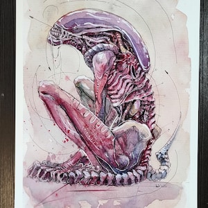 May include: Watercolor illustration of a seated alien creature in shades of red, purple, and gray. The creature has a large head, segmented body, and a long, segmented tail. The artwork is signed "LV 426".