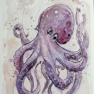 May include: Watercolor illustration of an octopus in shades of purple and lavender. The octopus has a rounded head and eight curling tentacles. Fine black lines outline the octopus and add details. Splatters of color and sketched circles surround the octopus.